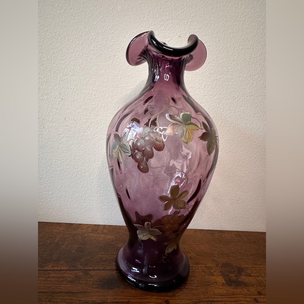 Fenton Hand Painted Grapes Plum Purple Amethyst Optic Vase 8.5" - Signed